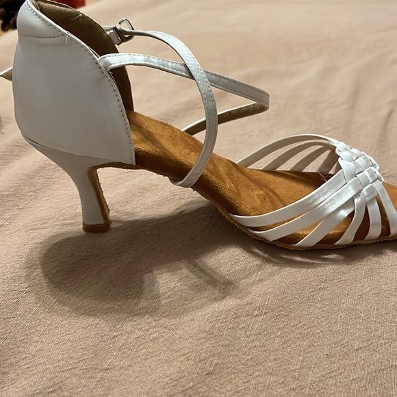 White Satin Ballroom Dance Shoes - Picture 7 of 8